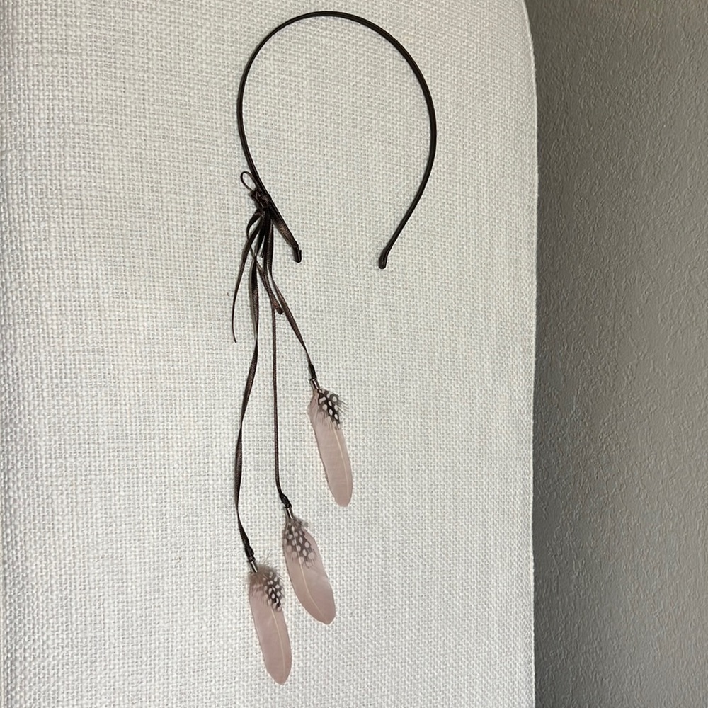 New satin ribbon wrapped headband with cascading feathers